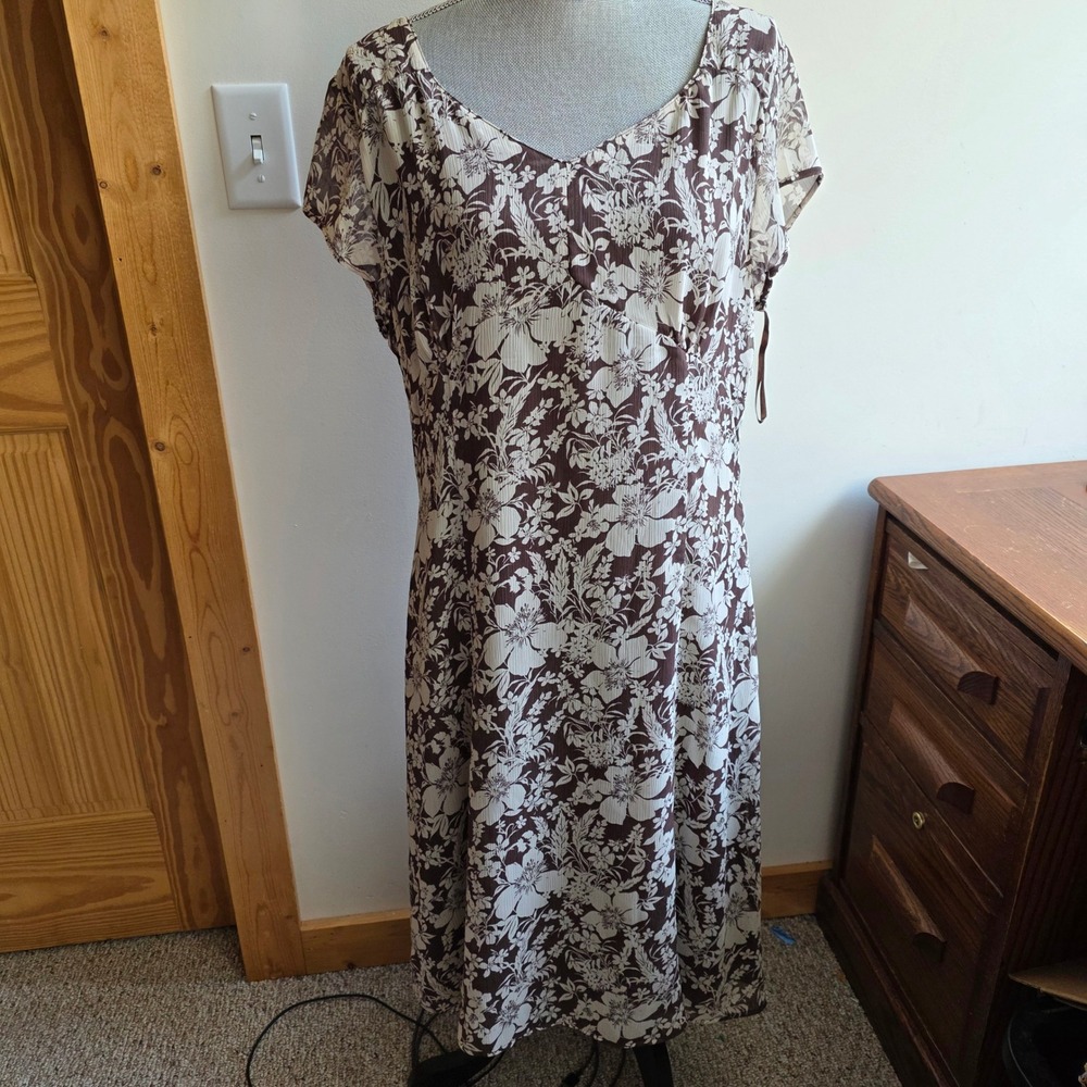 Jaclyn Smith Brown Floral Midi Dress V-Neck Short Sleeve Y2K Deadstock Womens 16